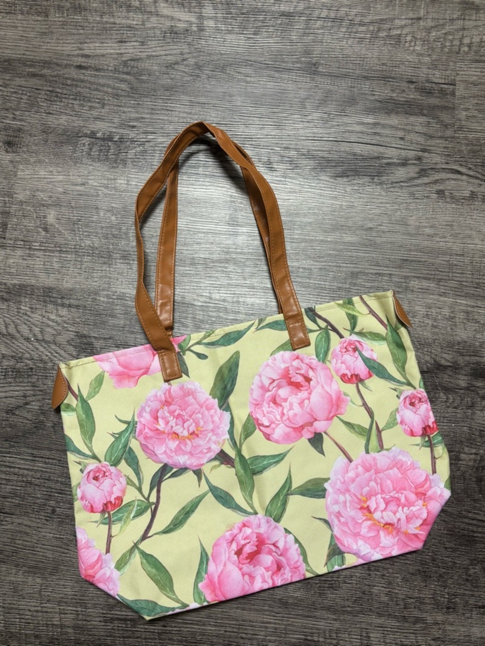 Floral Pink Peony Tote Bag with Tan Straps
